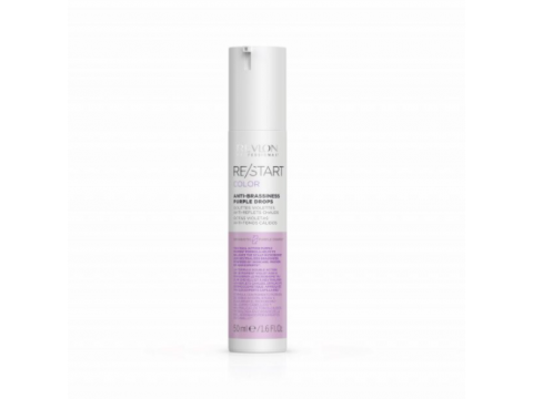 REVLON RE/START™ ANTI-BRASSINESS PURPLE DROPS – dvejopo veikimo purpurinio pigmento formulė, padeda subalansuoti galvos odos mikrobiomą ir neutralizuoja žalumą, 50 ml
